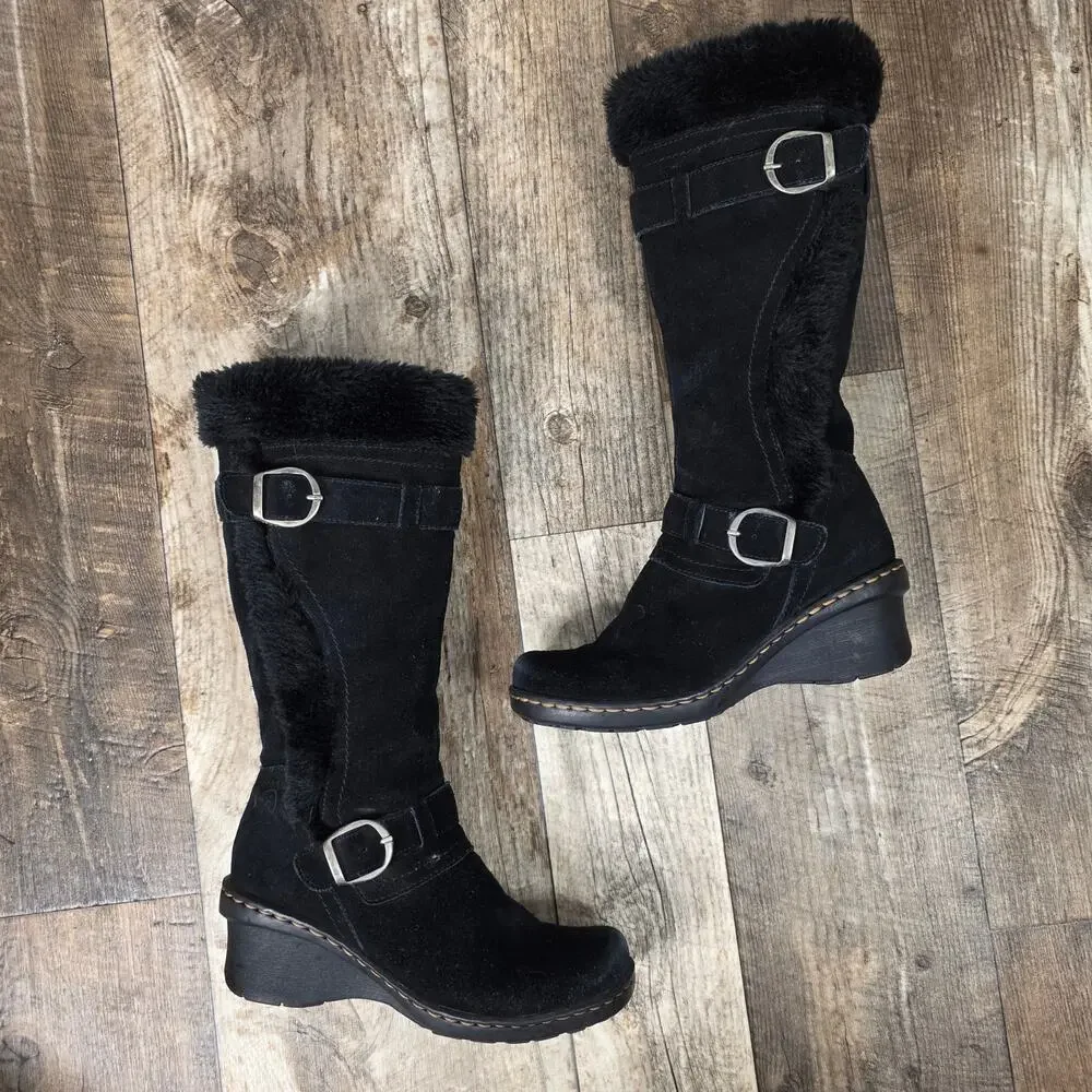 BareTraps Wedge Faux Fur Tall Boots Size 9M Cauchy Black Suede Buckles